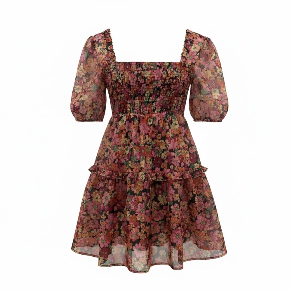 Womens S Mini Tier‎ Dress Floral Smocked Puff Sleeve Ruffle Feminine Romantic